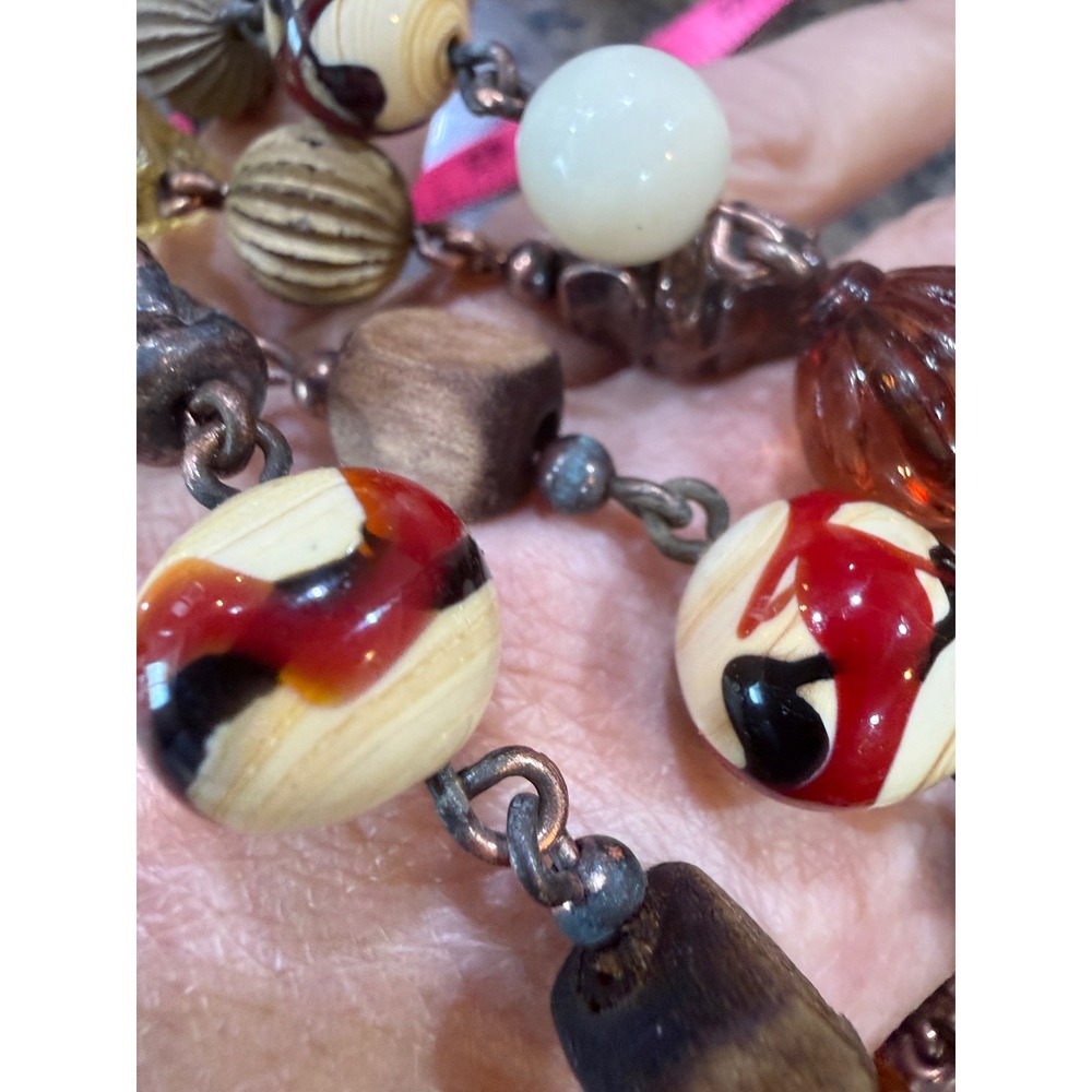 Boho Double Strand Beaded Necklace Copper Flared Cross Amber Cream Earth Tones - Picture 12 of 12